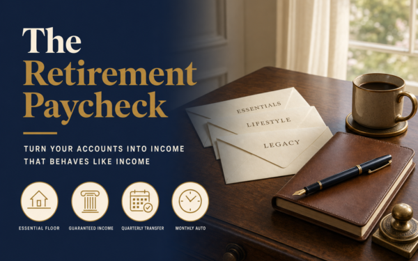 Editorial title card reading "The Retirement Paycheck" beside a wooden writing desk with envelopes, leather notebook, and brass coffee cup