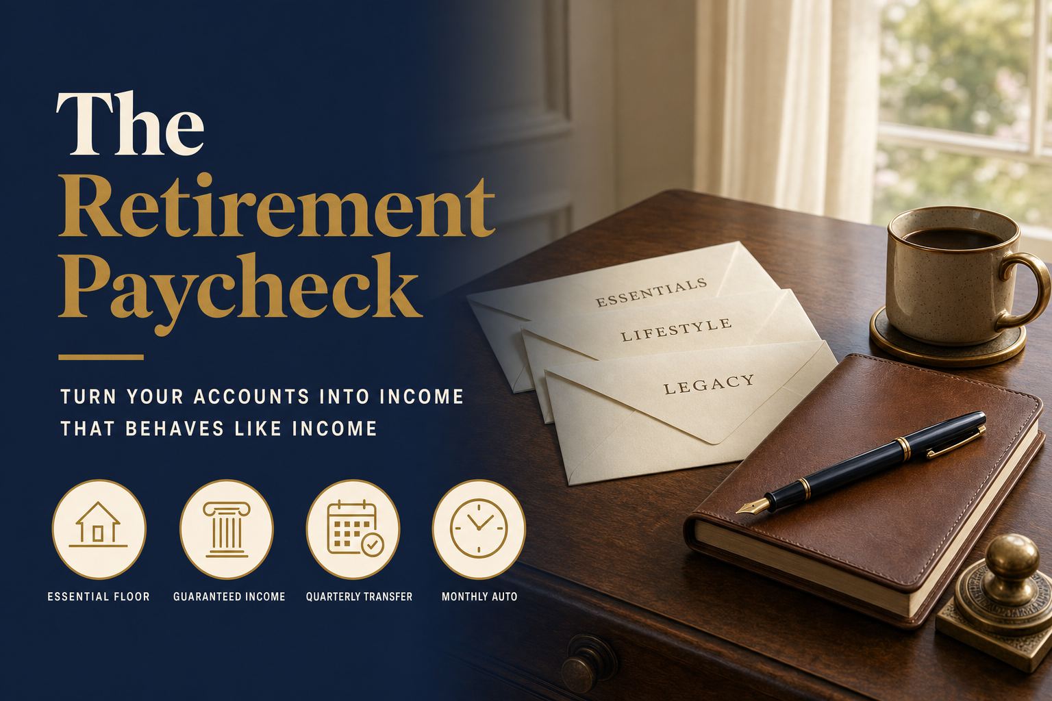Editorial title card reading "The Retirement Paycheck" beside a wooden writing desk with envelopes, leather notebook, and brass coffee cup