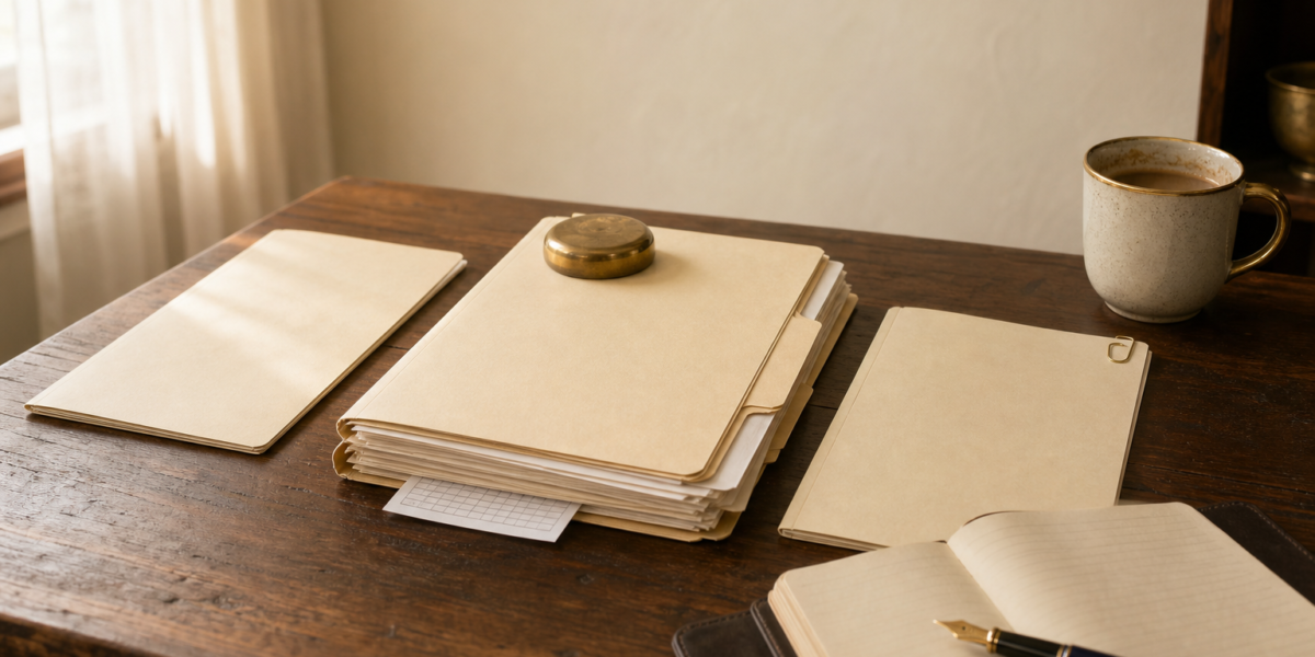 Three closed manila folders of different thicknesses fanned out on a warm wooden desk with a brass paperweight, leather notebook, navy fountain pen, and a brass-rimmed coffee mug.