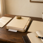 Three closed manila folders of different thicknesses fanned out on a warm wooden desk with a brass paperweight, leather notebook, navy fountain pen, and a brass-rimmed coffee mug.