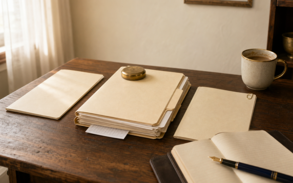 Three closed manila folders of different thicknesses fanned out on a warm wooden desk with a brass paperweight, leather notebook, navy fountain pen, and a brass-rimmed coffee mug.