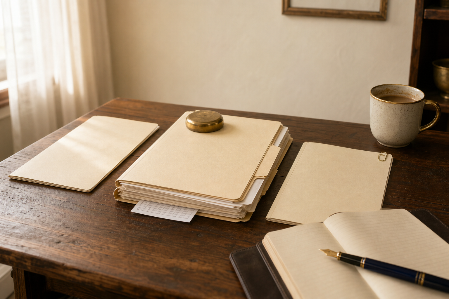 Three closed manila folders of different thicknesses fanned out on a warm wooden desk with a brass paperweight, leather notebook, navy fountain pen, and a brass-rimmed coffee mug.