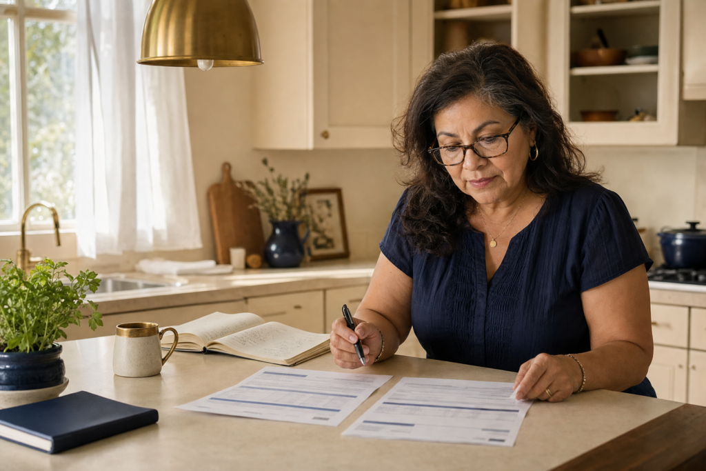 Asset Location vs. Asset Allocation: The Tax Lever Most Retirement Savers Miss 1 Editorial photo: a Latina woman in her late 50s at a sunlit kitchen island reviewing two printed account statements side by side, brass pendant light overhead, warm cream walls, calm morning light
