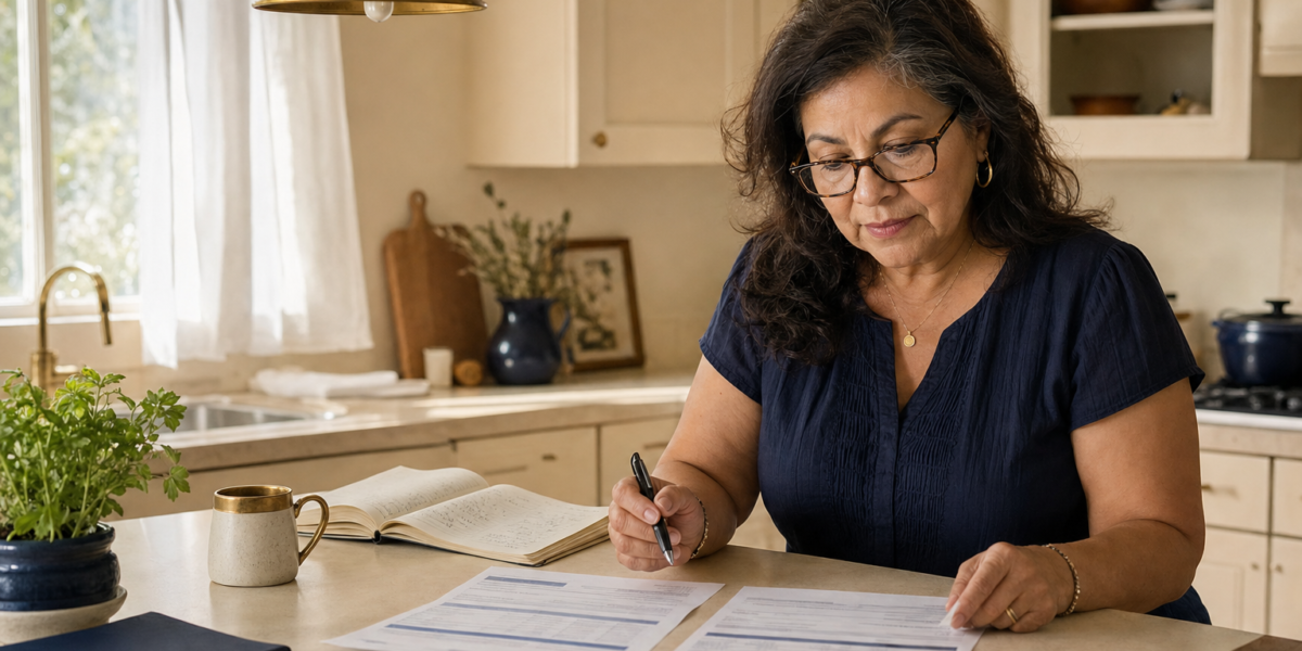 Editorial photo: a Latina woman in her late 50s at a sunlit kitchen island reviewing two printed account statements side by side, brass pendant light overhead, warm cream walls, calm morning light