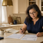 Editorial photo: a Latina woman in her late 50s at a sunlit kitchen island reviewing two printed account statements side by side, brass pendant light overhead, warm cream walls, calm morning light