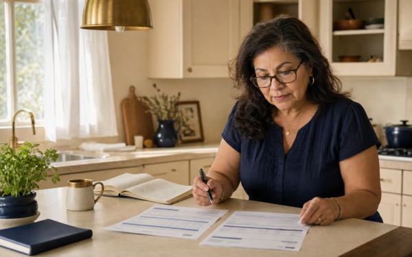 Editorial photo: a Latina woman in her late 50s at a sunlit kitchen island reviewing two printed account statements side by side, brass pendant light overhead, warm cream walls, calm morning light