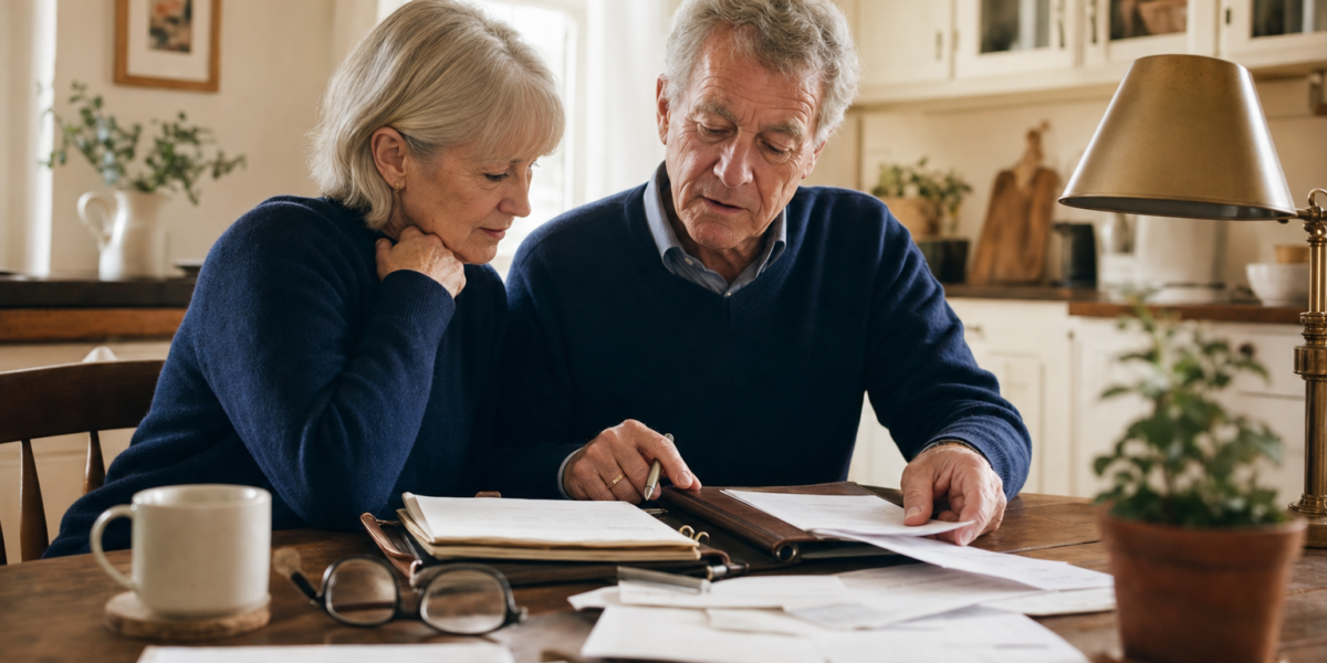 A couple in their late 60s reviewing financial paperwork and an organized family binder together at a kitchen table.