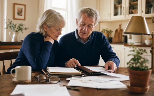 A couple in their late 60s reviewing financial paperwork and an organized family binder together at a kitchen table.
