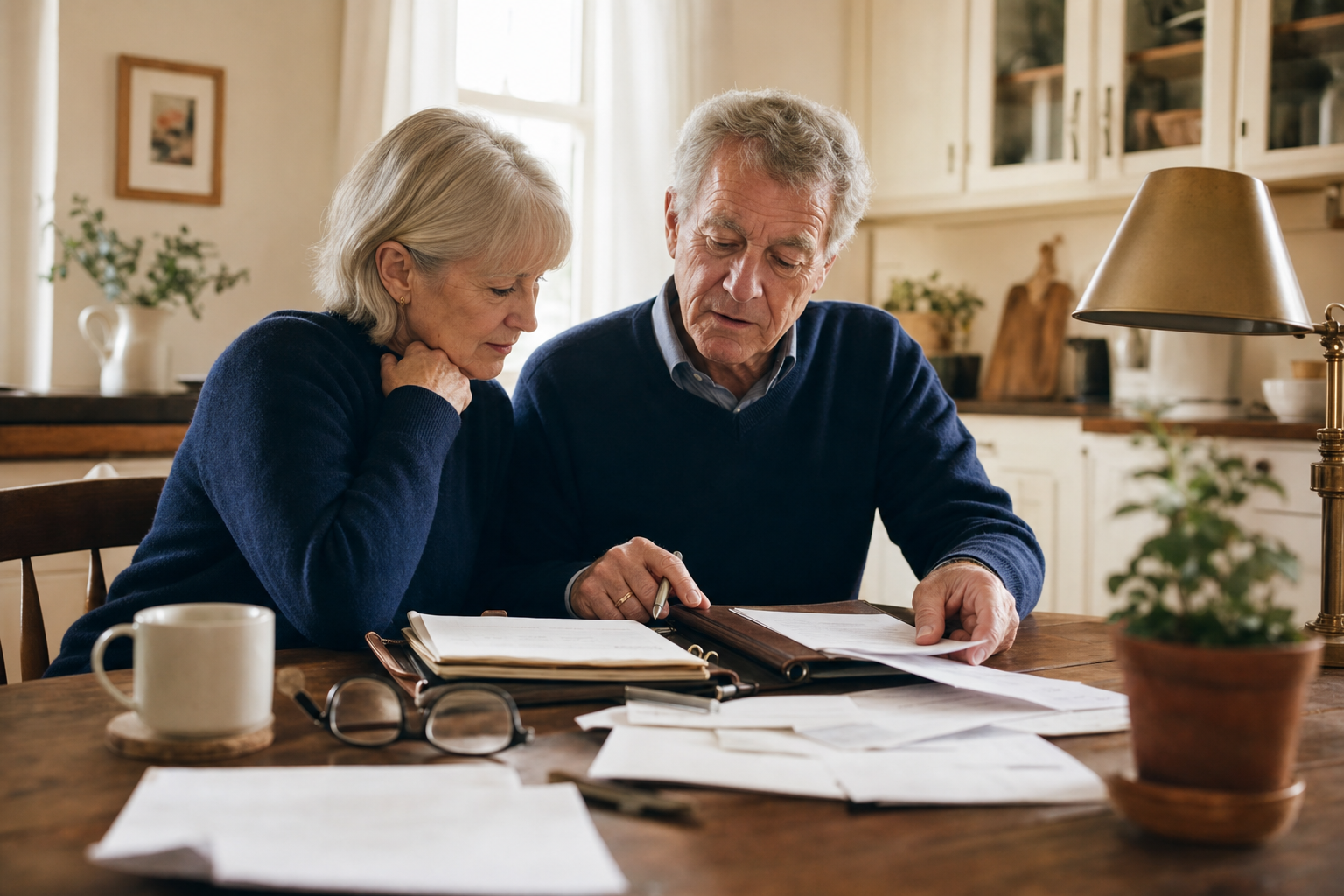 A couple in their late 60s reviewing financial paperwork and an organized family binder together at a kitchen table.