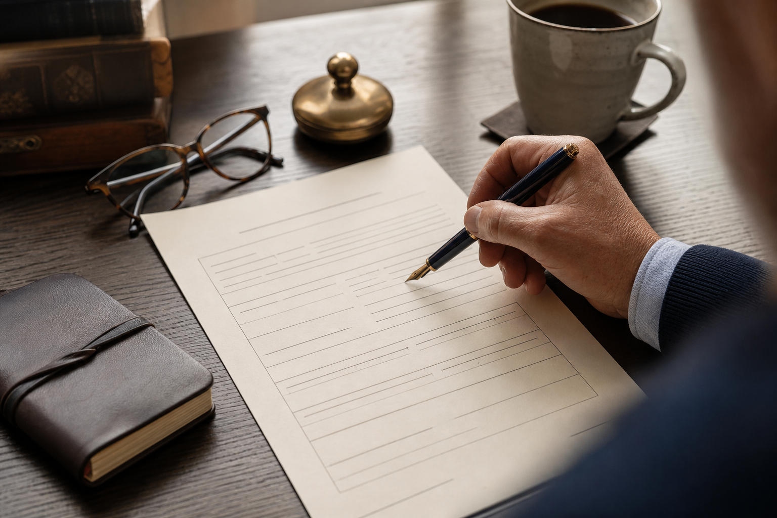 Close-up of a hand using a fountain pen to fill out a printed beneficiary designation form on a wooden desk.