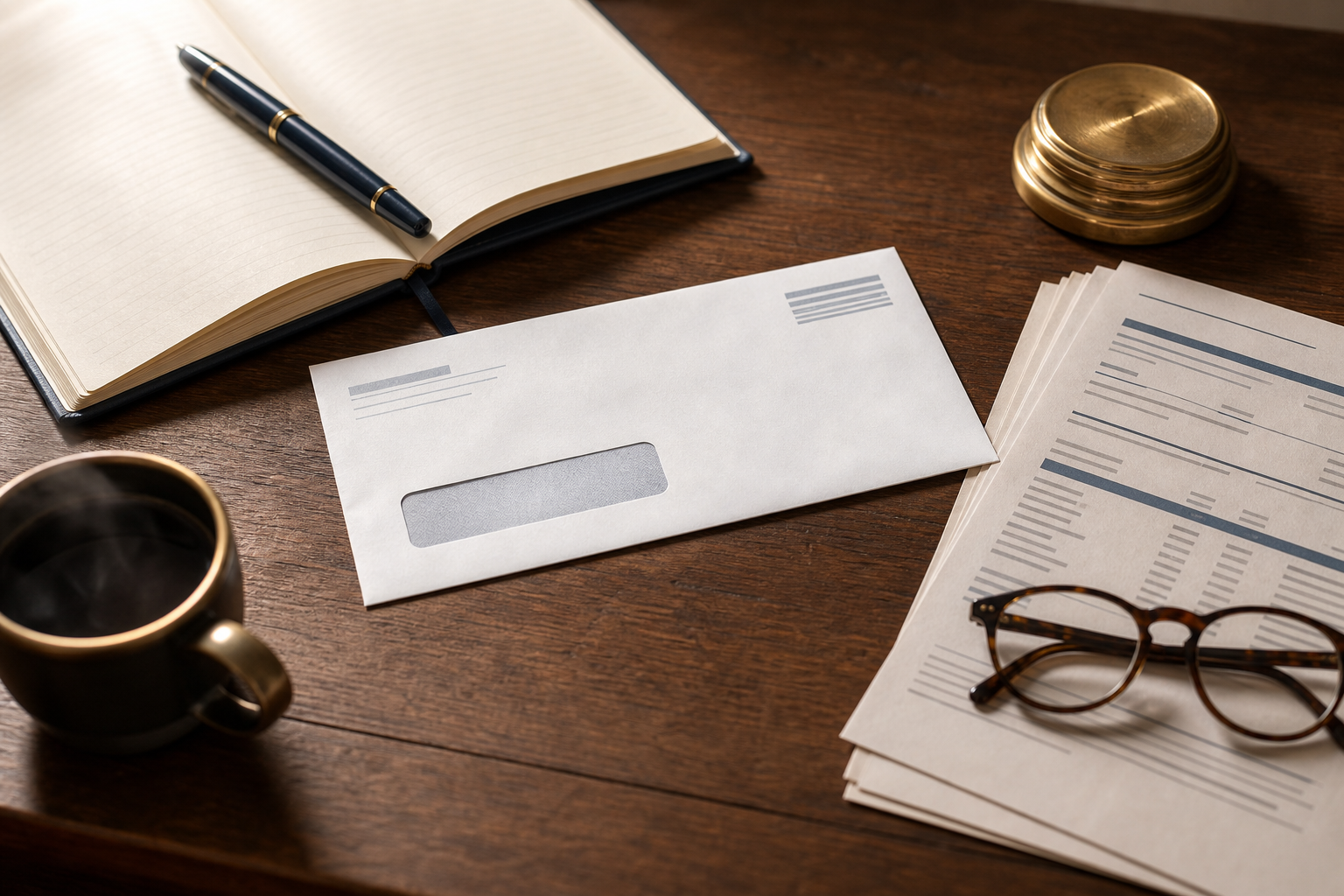 A folded Social Security statement envelope, a pension benefit summary, an open leather notebook with a navy fountain pen, a brass paperweight, and a brass-rimmed coffee mug arranged on a warm wooden desk