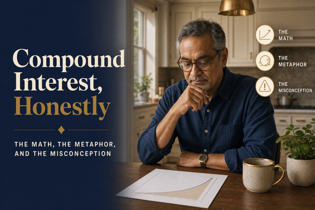 Compound Interest, Honestly: The Math, the Metaphor, and the Misconception 1 Editorial title card: Compound Interest, Honestly. The Math, the Metaphor, and the Misconception. A man in his early 60s reviews a printed growth chart at a sunlit kitchen counter.