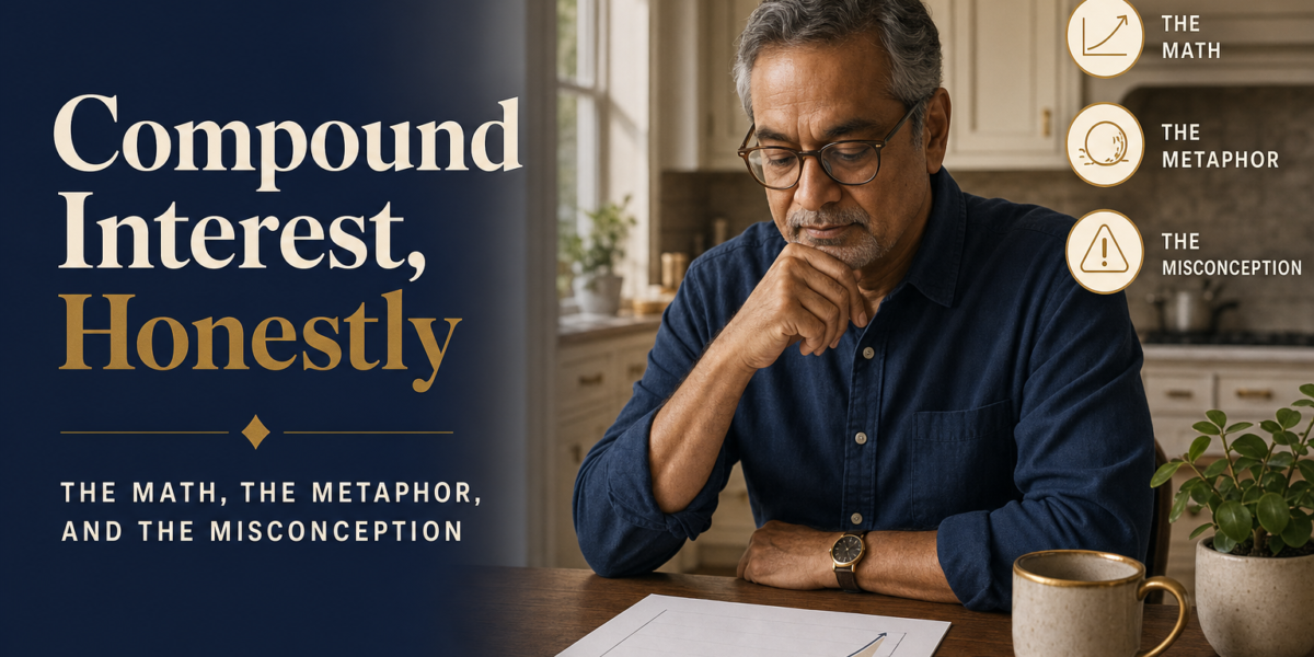 Editorial title card: Compound Interest, Honestly. The Math, the Metaphor, and the Misconception. A man in his early 60s reviews a printed growth chart at a sunlit kitchen counter.