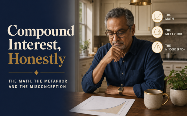Editorial title card: Compound Interest, Honestly. The Math, the Metaphor, and the Misconception. A man in his early 60s reviews a printed growth chart at a sunlit kitchen counter.