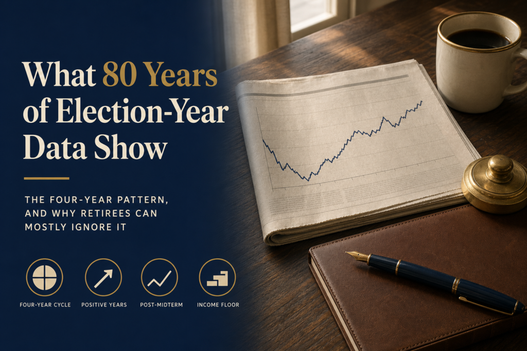 Election Years and the Stock Market: What 80 Years of Data Actually Show 1 Editorial title card: What 80 Years of Election-Year Data Show — the four-year pattern and why retirees can mostly ignore it
