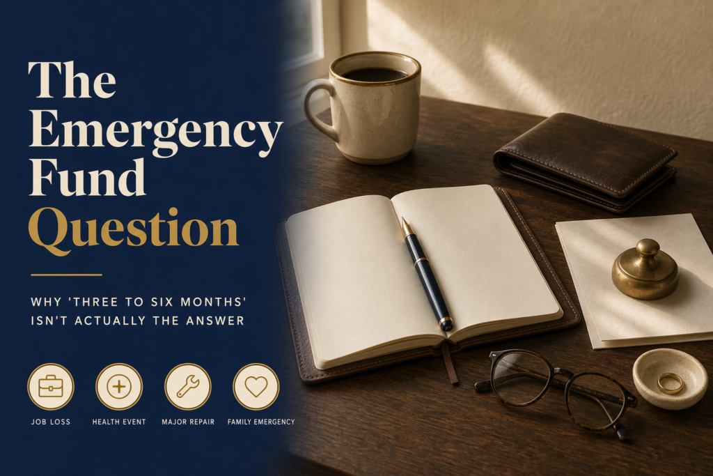 Three Months, Six Months, or Twelve? The Emergency Fund Question, Honestly 1 Editorial title card reading The Emergency Fund Question with subhead Why three to six months isnt actually the answer, navy panel with four icon callouts for job loss, health event, major repair, and family emergency, photographic desk scene to the right