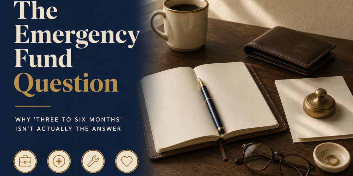 Editorial title card reading The Emergency Fund Question with subhead Why three to six months isnt actually the answer, navy panel with four icon callouts for job loss, health event, major repair, and family emergency, photographic desk scene to the right