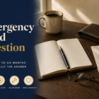 Editorial title card reading The Emergency Fund Question with subhead Why three to six months isnt actually the answer, navy panel with four icon callouts for job loss, health event, major repair, and family emergency, photographic desk scene to the right