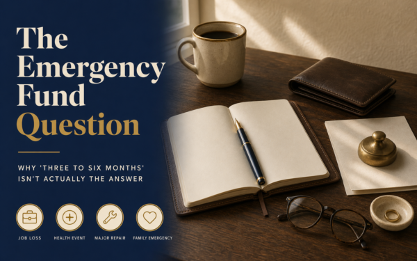 Editorial title card reading The Emergency Fund Question with subhead Why three to six months isnt actually the answer, navy panel with four icon callouts for job loss, health event, major repair, and family emergency, photographic desk scene to the right