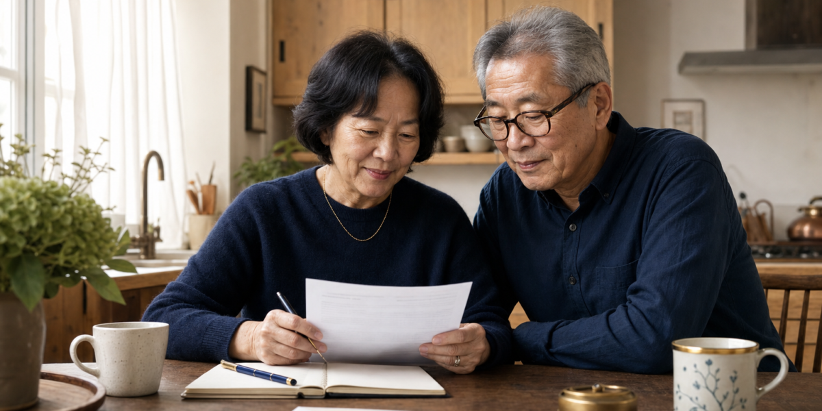 East Asian couple in their late 60s reviewing a Social Security benefit statement at a sunlit kitchen table