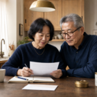 East Asian couple in their late 60s reviewing a Social Security benefit statement at a sunlit kitchen table