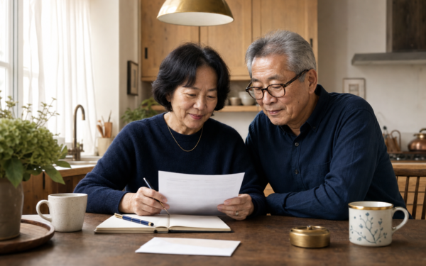East Asian couple in their late 60s reviewing a Social Security benefit statement at a sunlit kitchen table