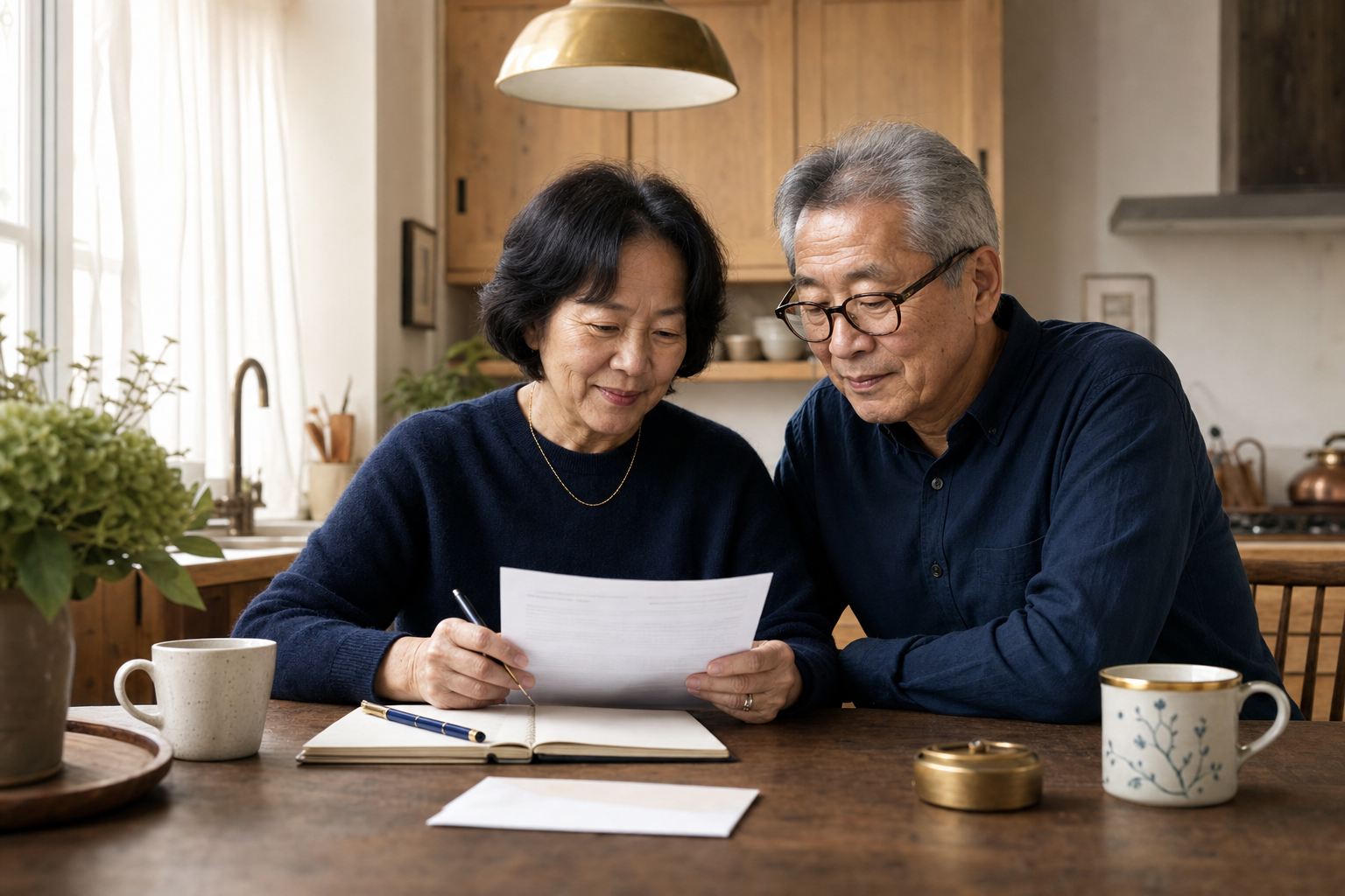 East Asian couple in their late 60s reviewing a Social Security benefit statement at a sunlit kitchen table