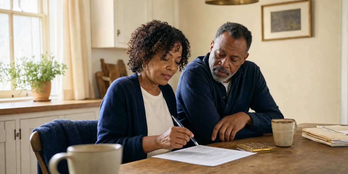 A Black couple in their early 60s reviewing a printed retirement spreadsheet together at a sunlit kitchen table