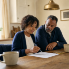 A Black couple in their early 60s reviewing a printed retirement spreadsheet together at a sunlit kitchen table