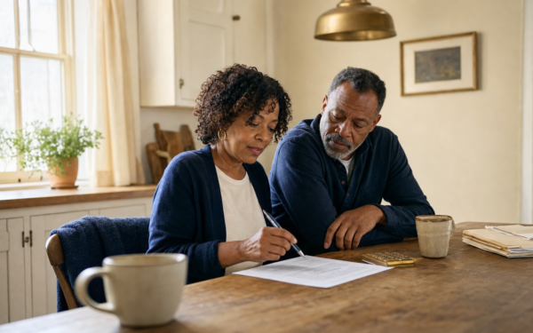 A Black couple in their early 60s reviewing a printed retirement spreadsheet together at a sunlit kitchen table