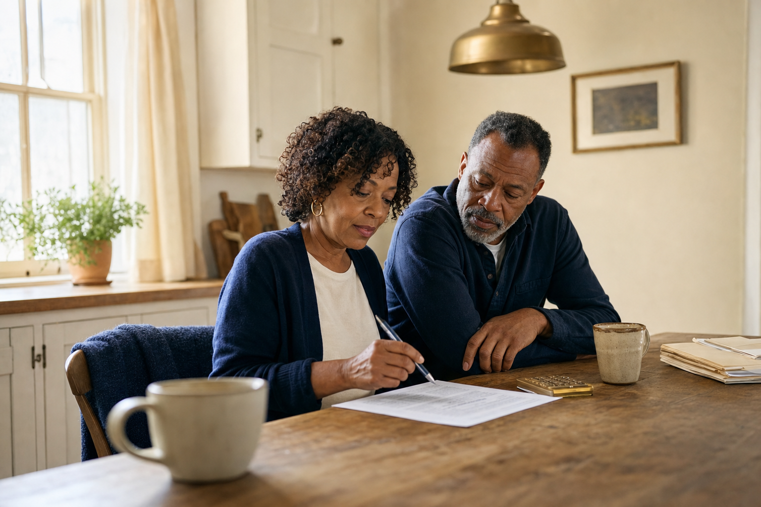 A Black couple in their early 60s reviewing a printed retirement spreadsheet together at a sunlit kitchen table