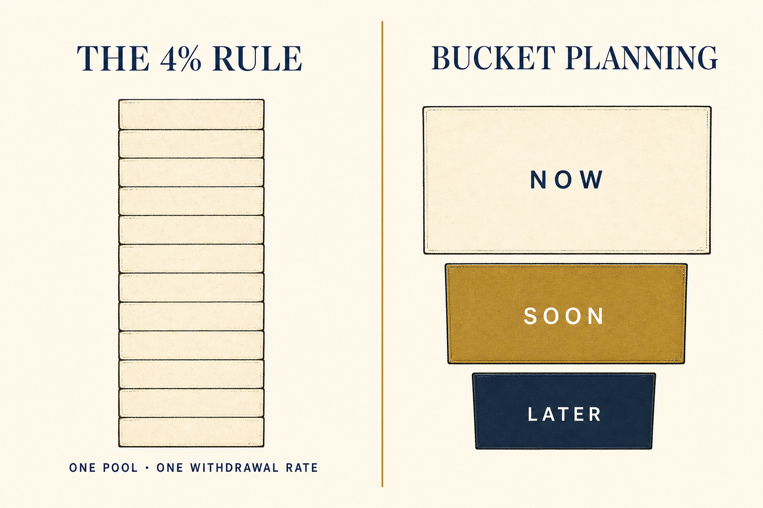 The 4% Rule: What It Actually Says, What It Doesn't, and What to Use Instead 2 Editorial infographic comparing a single-pool 4% rule withdrawal to the Now / Soon / Later bucket planning structure