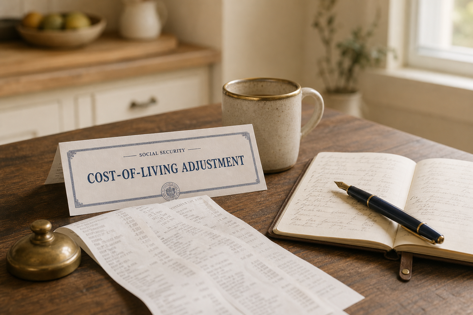 Still-life of a paper grocery receipt and a folded Social Security statement showing the cost-of-living adjustment header on a wooden kitchen table