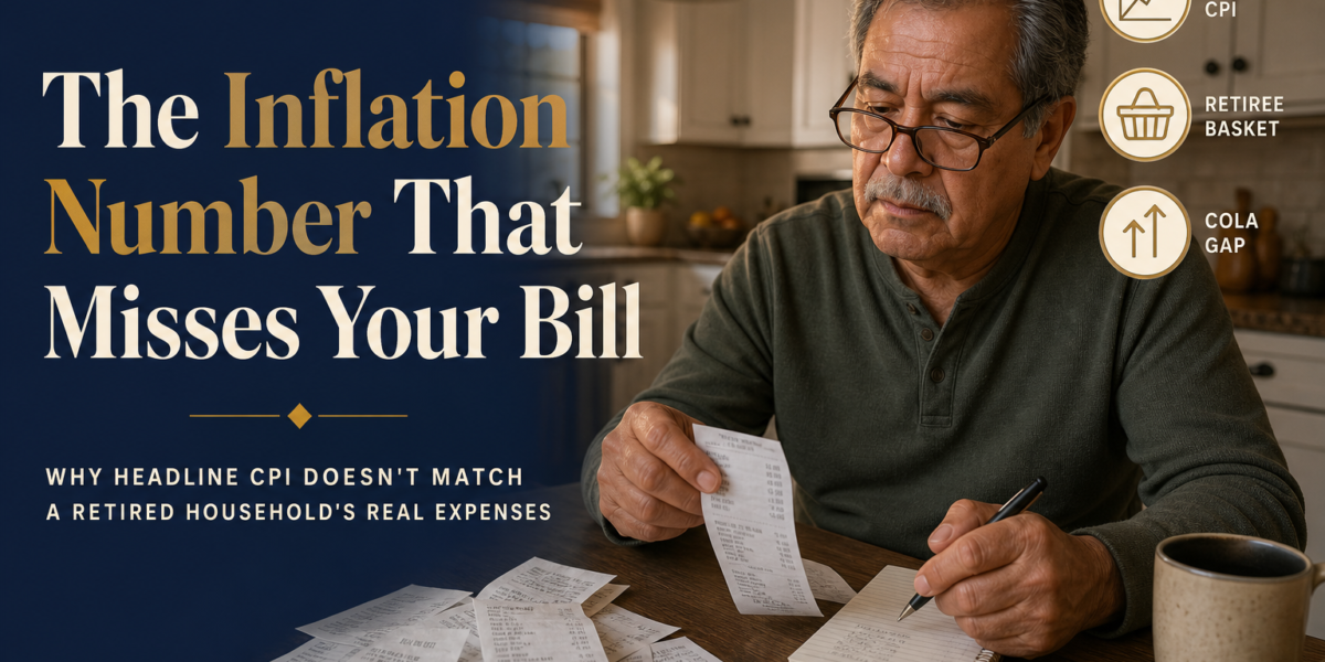 Editorial title-card: The Inflation Number That Misses Your Bill — older Latino man reviewing a grocery receipt in a warm kitchen