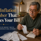 Editorial title-card: The Inflation Number That Misses Your Bill — older Latino man reviewing a grocery receipt in a warm kitchen