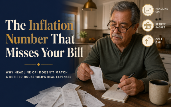 Editorial title-card: The Inflation Number That Misses Your Bill — older Latino man reviewing a grocery receipt in a warm kitchen