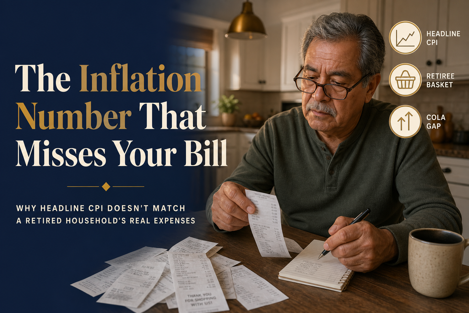 Editorial title-card: The Inflation Number That Misses Your Bill — older Latino man reviewing a grocery receipt in a warm kitchen
