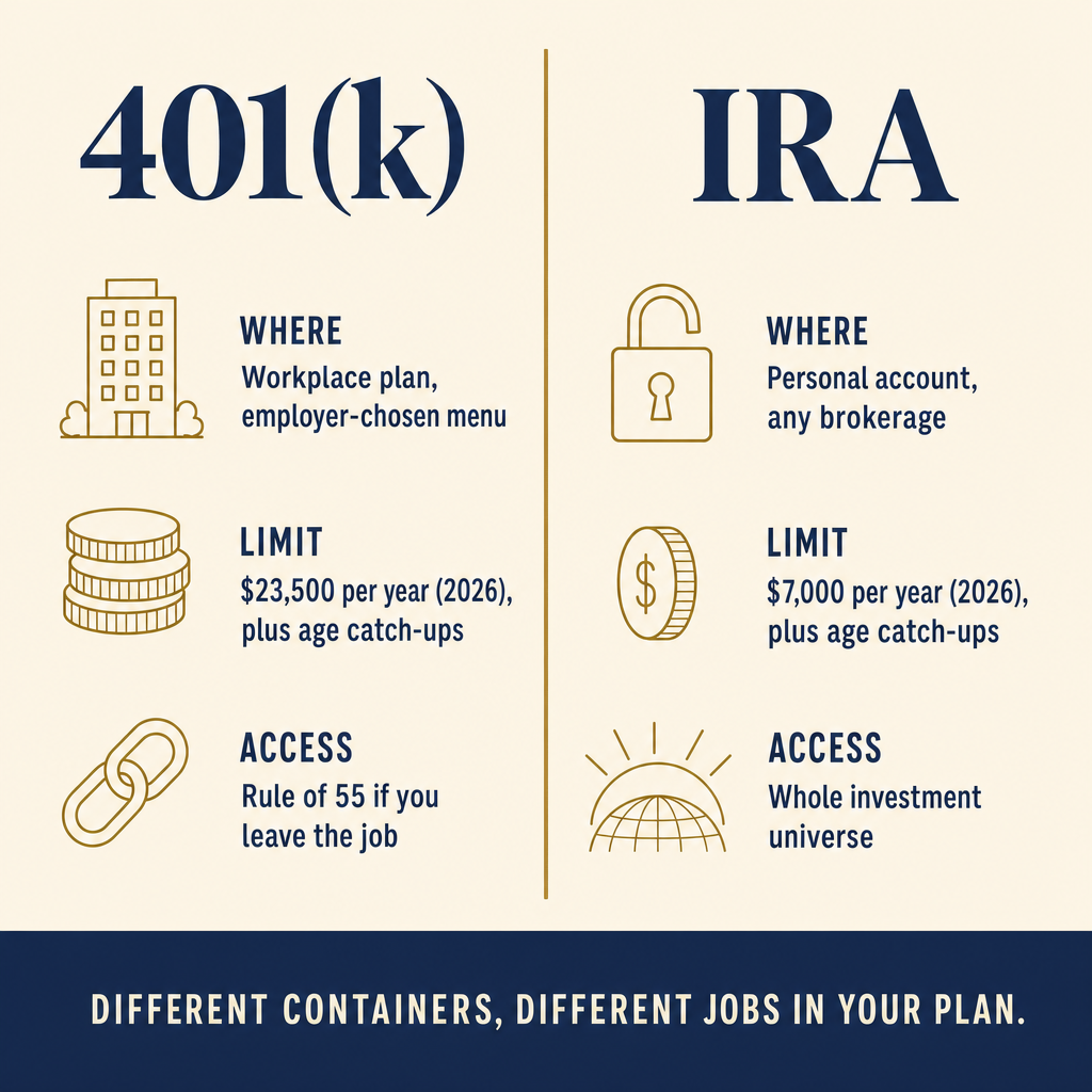 Side-by-side editorial comparison of a 401(k) and an IRA across where the account lives, contribution limits, and access rules