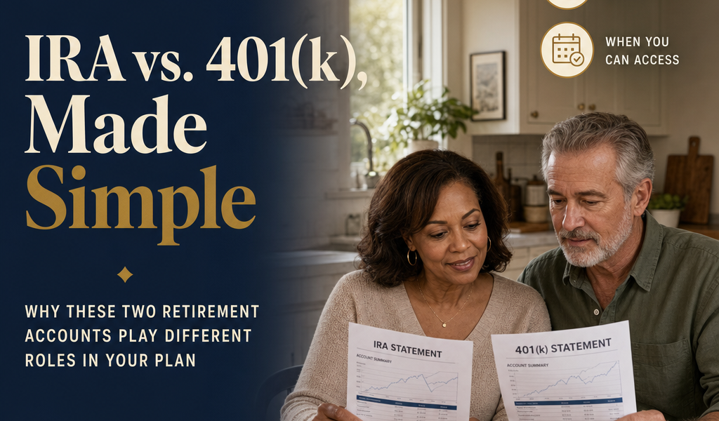 Editorial title-card image — IRA vs. 401(k) feature spread with a couple reviewing two account statements at a sunlit kitchen table