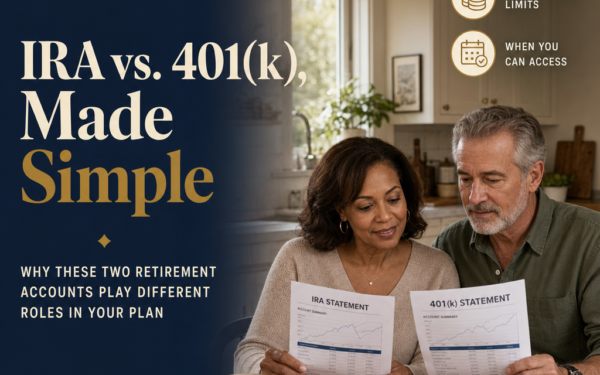 Editorial title-card image — IRA vs. 401(k) feature spread with a couple reviewing two account statements at a sunlit kitchen table