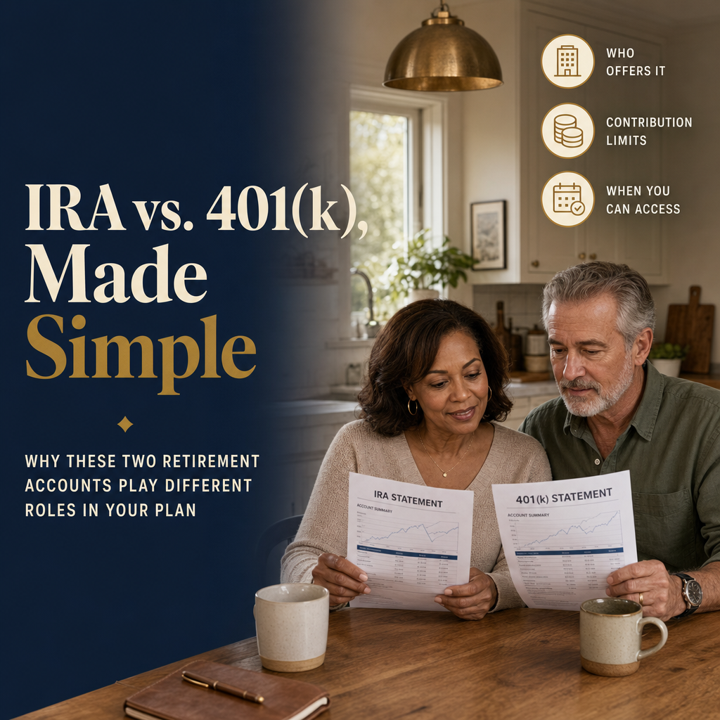 Editorial title-card image — IRA vs. 401(k) feature spread with a couple reviewing two account statements at a sunlit kitchen table