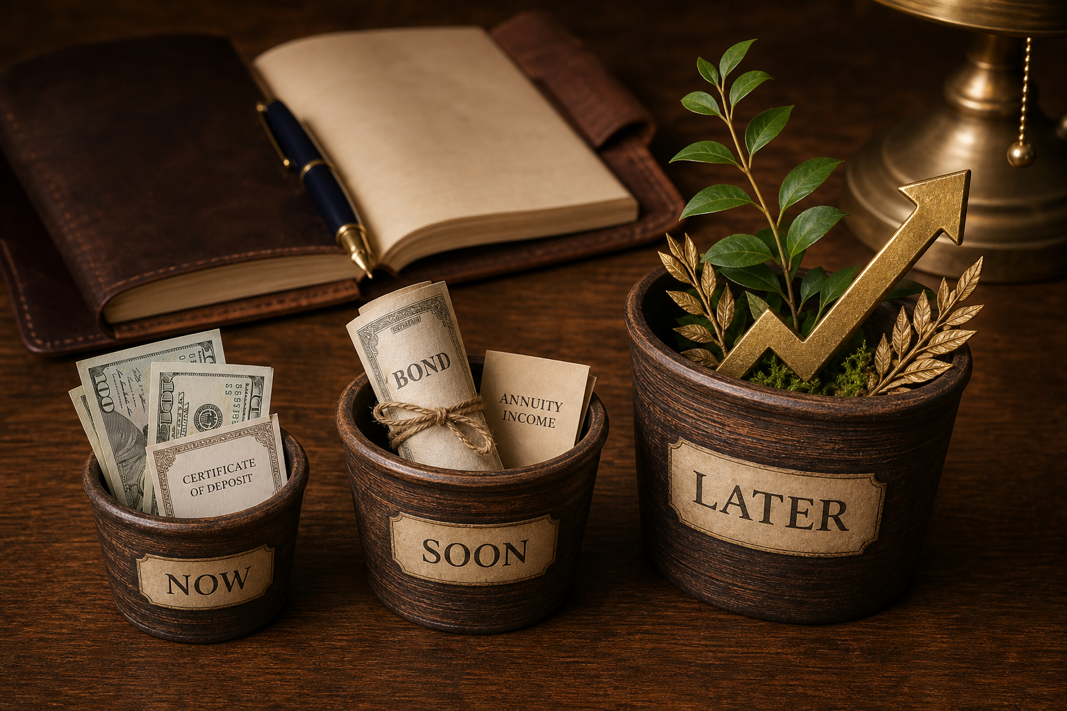 Three labeled buckets — Now, Soon, and Later — on a walnut desk, with the Later bucket visibly the largest and showing a green sprig of growth.