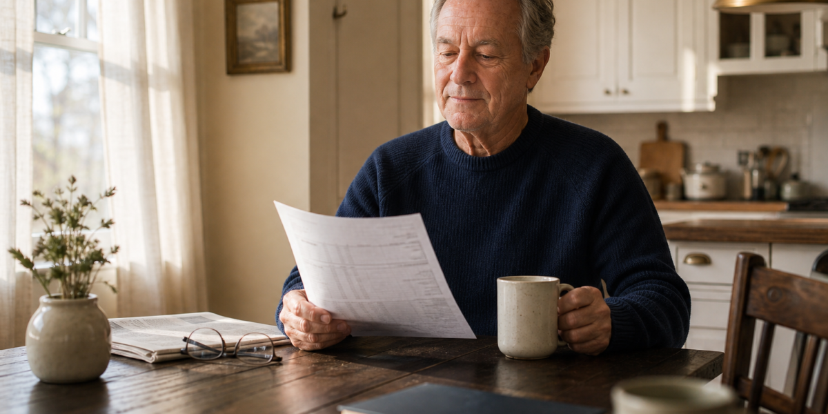 A calm man in his late 60s reading a brokerage statement at a sunlit kitchen table with a coffee mug