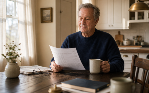 A calm man in his late 60s reading a brokerage statement at a sunlit kitchen table with a coffee mug