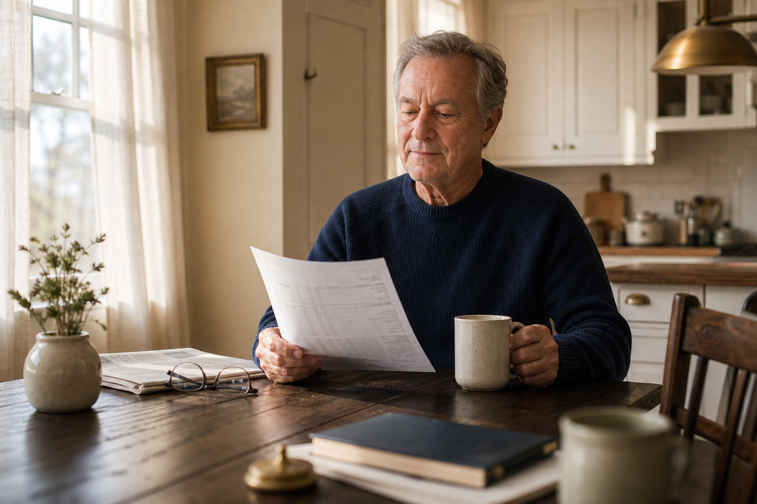 A calm man in his late 60s reading a brokerage statement at a sunlit kitchen table with a coffee mug