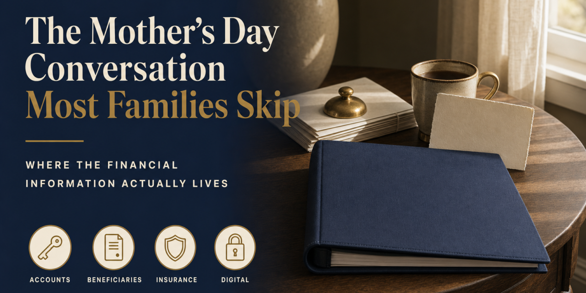 Editorial title-card image. A closed navy blue cloth binder rests on a wooden side table next to a brass paperweight, a small stack of envelopes, and a brass-rimmed coffee mug in soft morning light. Headline reads: The Mother’s Day Conversation Most Families Skip — Where the financial information actually lives. Four icon callouts: Accounts, Beneficiaries, Insurance, Digital.