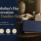 Editorial title-card image. A closed navy blue cloth binder rests on a wooden side table next to a brass paperweight, a small stack of envelopes, and a brass-rimmed coffee mug in soft morning light. Headline reads: The Mother’s Day Conversation Most Families Skip — Where the financial information actually lives. Four icon callouts: Accounts, Beneficiaries, Insurance, Digital.