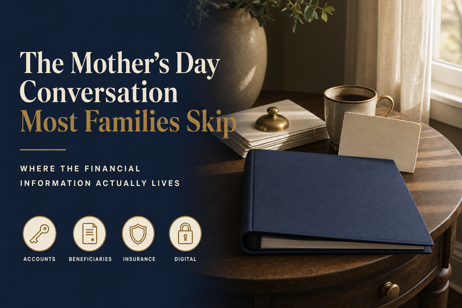 Editorial title-card image. A closed navy blue cloth binder rests on a wooden side table next to a brass paperweight, a small stack of envelopes, and a brass-rimmed coffee mug in soft morning light. Headline reads: The Mother’s Day Conversation Most Families Skip — Where the financial information actually lives. Four icon callouts: Accounts, Beneficiaries, Insurance, Digital.