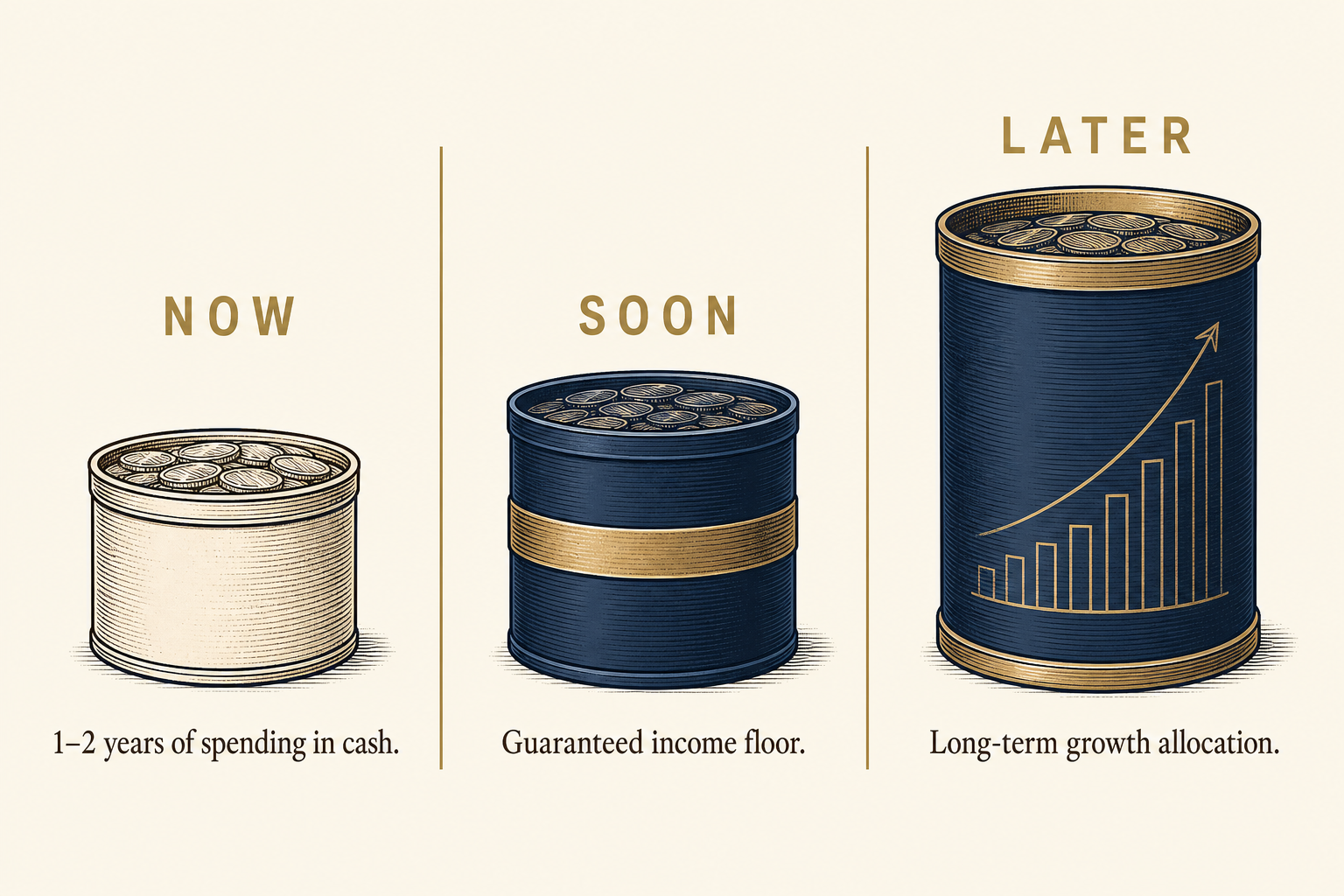 Three labeled buckets — Now, Soon, and Later — illustrating the bucket planning framework for retirement income