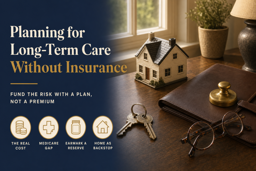 Planning for Long-Term Care Without Insurance 1 Editorial title card reading Planning for Long-Term Care Without Insurance, with a small model house, house keys, a leather folder and reading glasses on a sunlit side table.